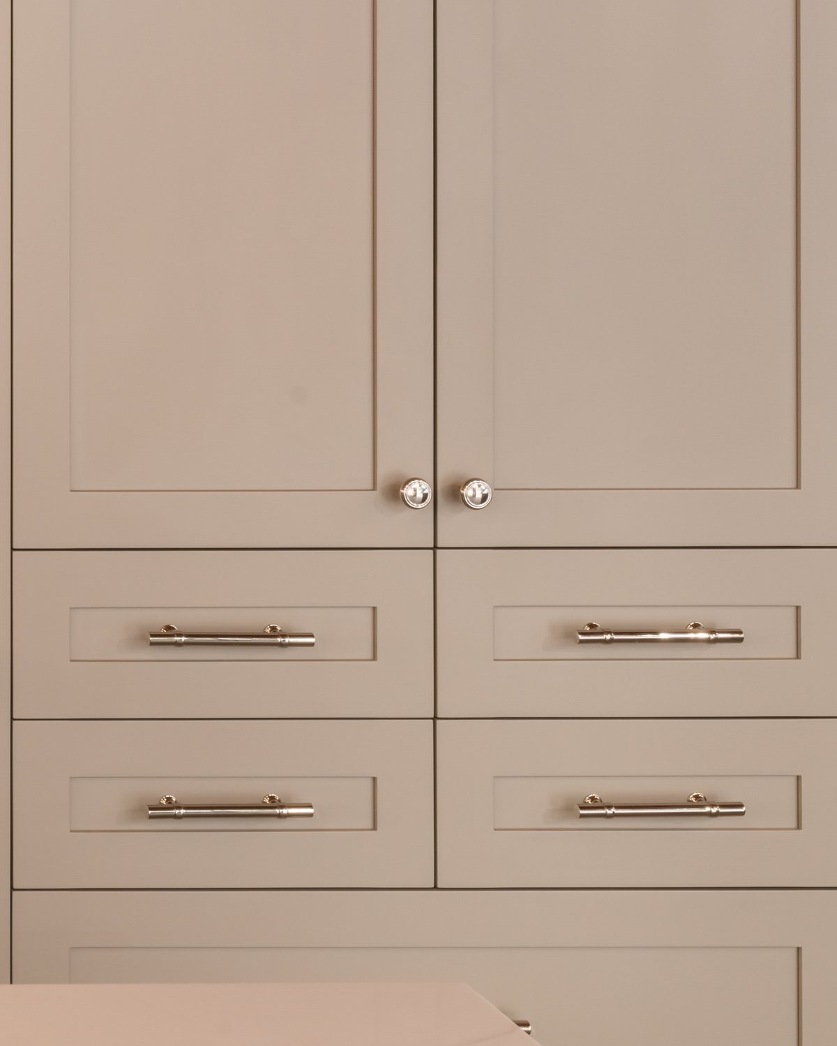 Shaker cabinet doors and drawers with brass pulls
